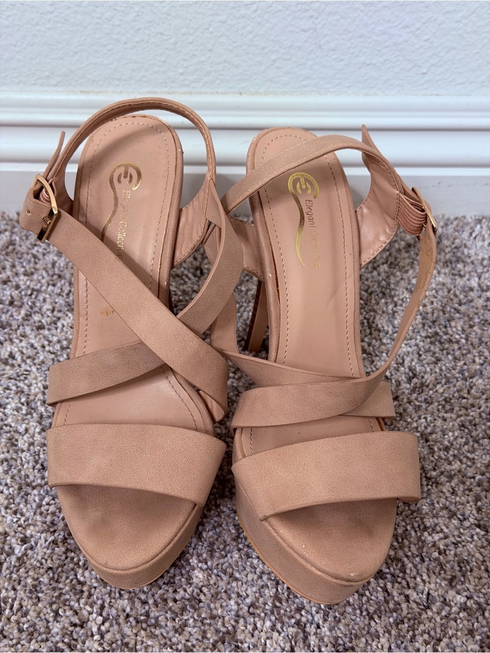Rachel Blush Tan Cross-Strap Platform Heels Size 6.5